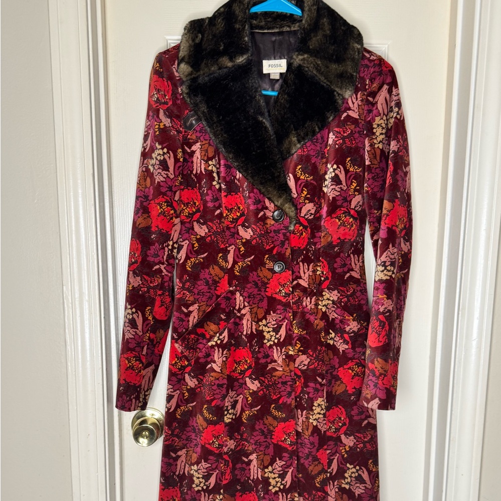 Fossil Floral Velvet Trench Coat with Black Faux Fur Collar